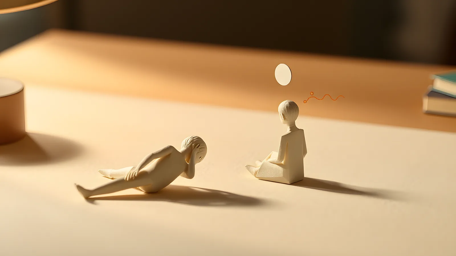 Two paper figures on a desk: one slumped under a coral sunset arc, the other upright and alert under a cream paper moon