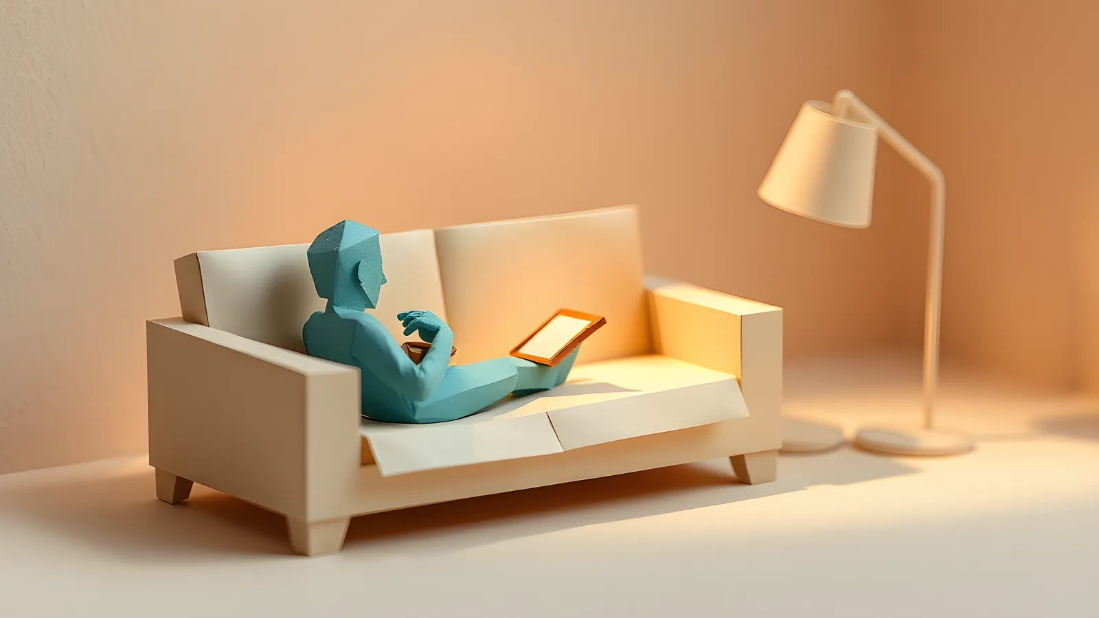 A paper figure curled comfortably on a paper sofa under a warm pool of coral light, a small paper phone in its lap