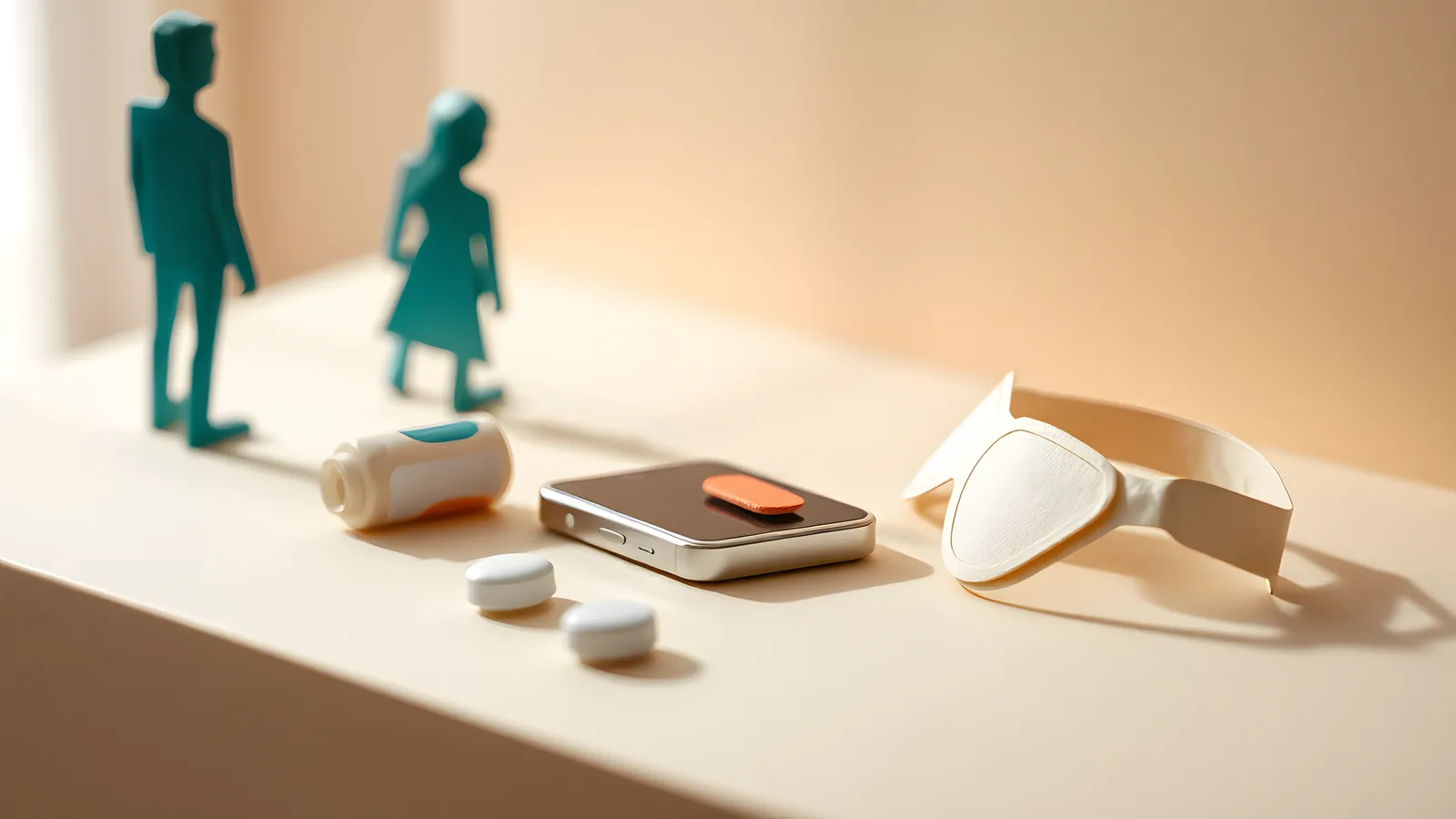 A row of abandoned objects on a paper nightstand: a tiny paper pill bottle, a folded paper smartphone with a coral app indicator, and paper eye covers