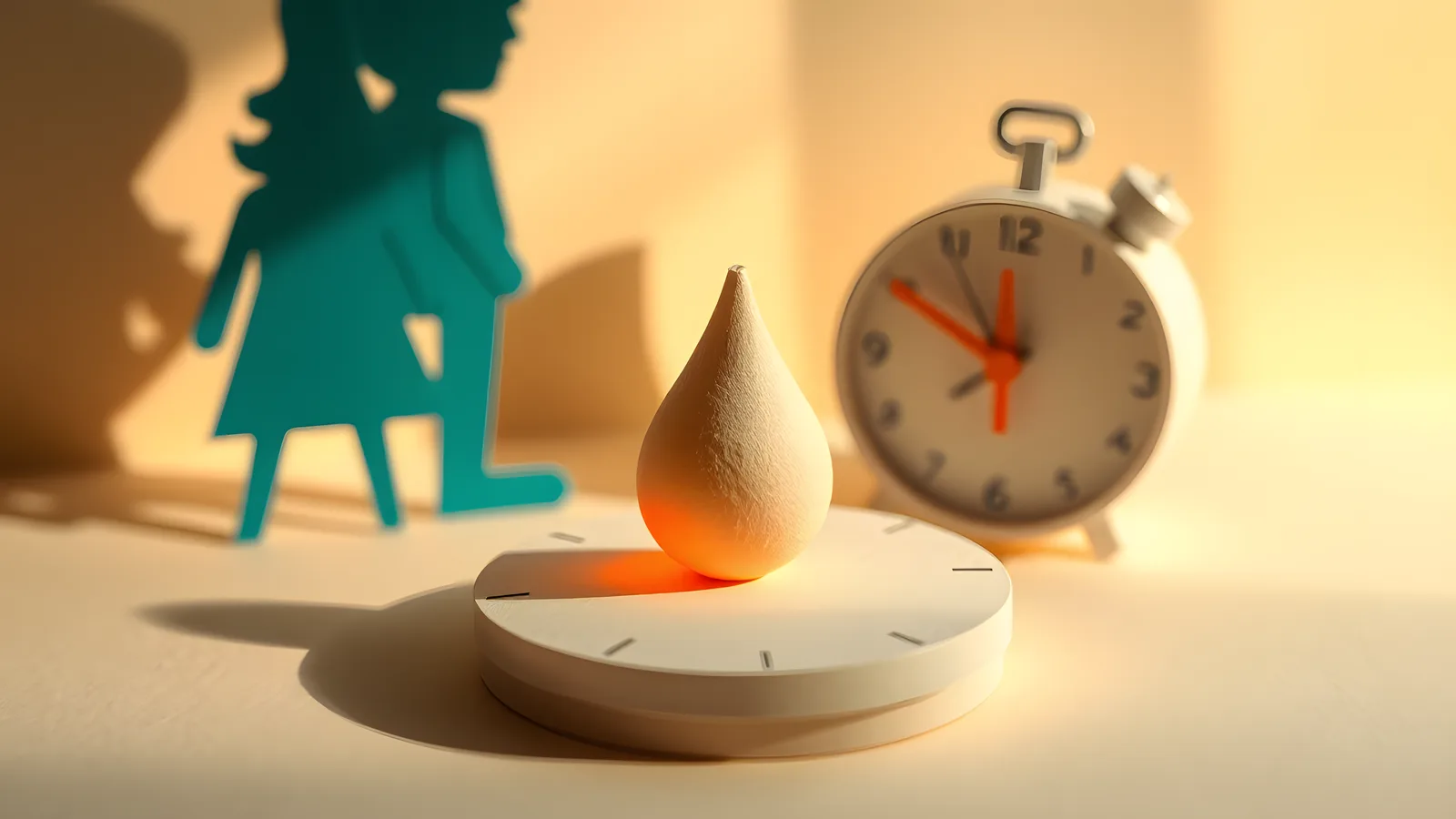A small paper droplet glowing coral, beside a paper clock with hands set to late evening