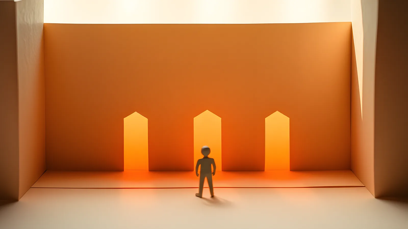 A small paper figure standing in front of a translucent teal paper wall with three doorways, each glowing with warm coral light