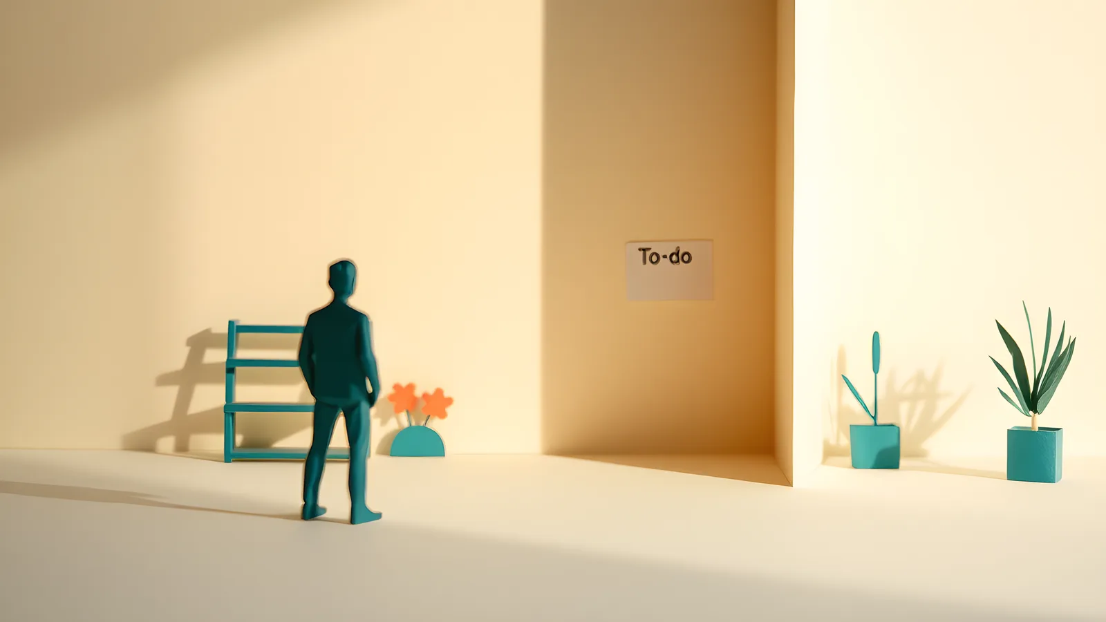 A small paper figure stands alone in the lower third of the frame, facing a tall translucent pale-teal paper wall that stretches up out of view