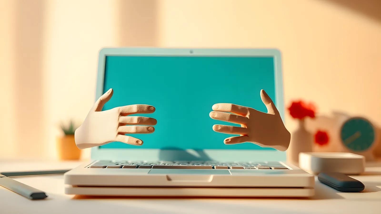 Close macro photograph of handmade cream paper craft hands hovering just above a cream paper laptop keyboard, fingers extended but not touching the keys. The laptop screen is…