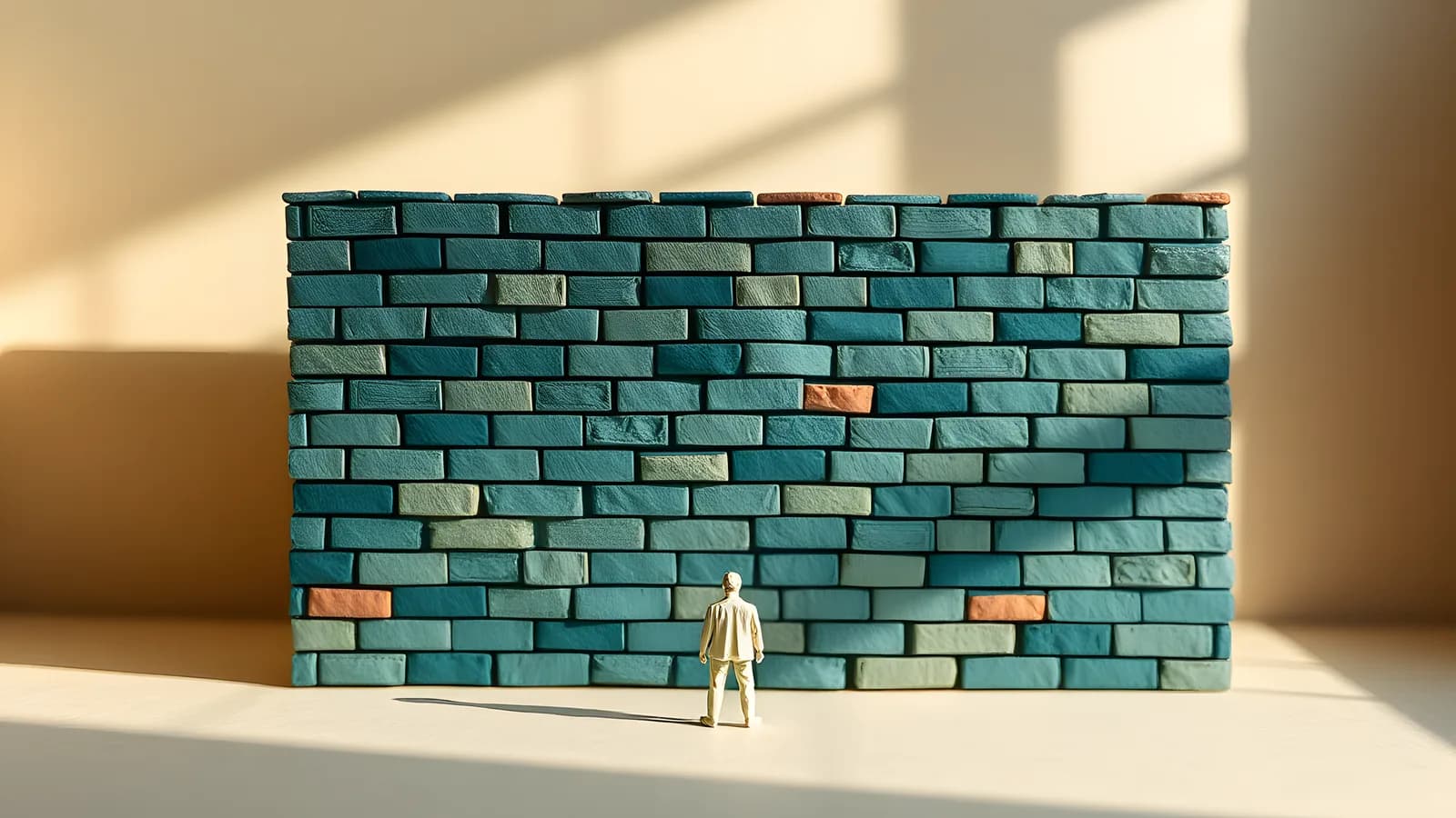 A small paper figure stands tiny in the lower centre of the frame, dwarfed by a massive wall of stacked paper bricks rising above them