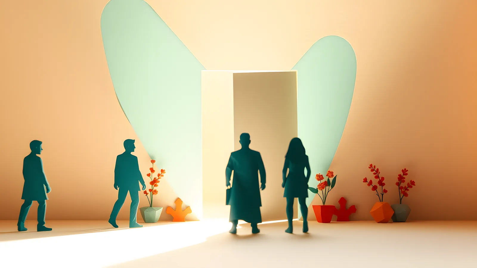 A doorway opening cut into the middle of a translucent teal paper wall, with layered soft coral paper light rays spilling through the opening