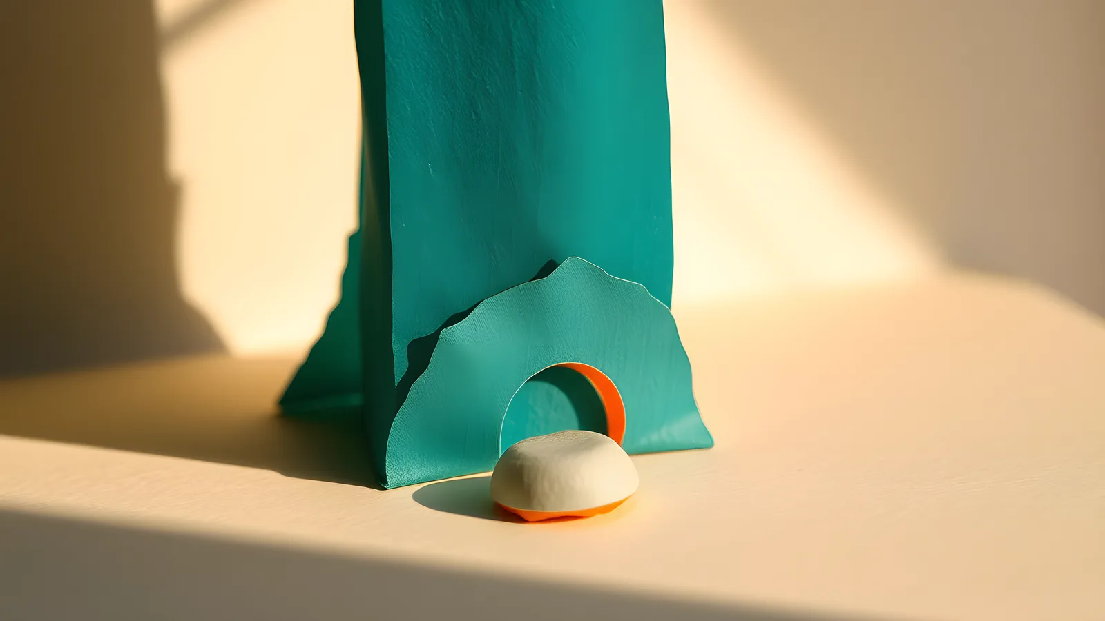 A tiny rolled paper pebble sits at the base of a towering translucent teal paper wall, with a single soft coral paper ripple arc around the pebble