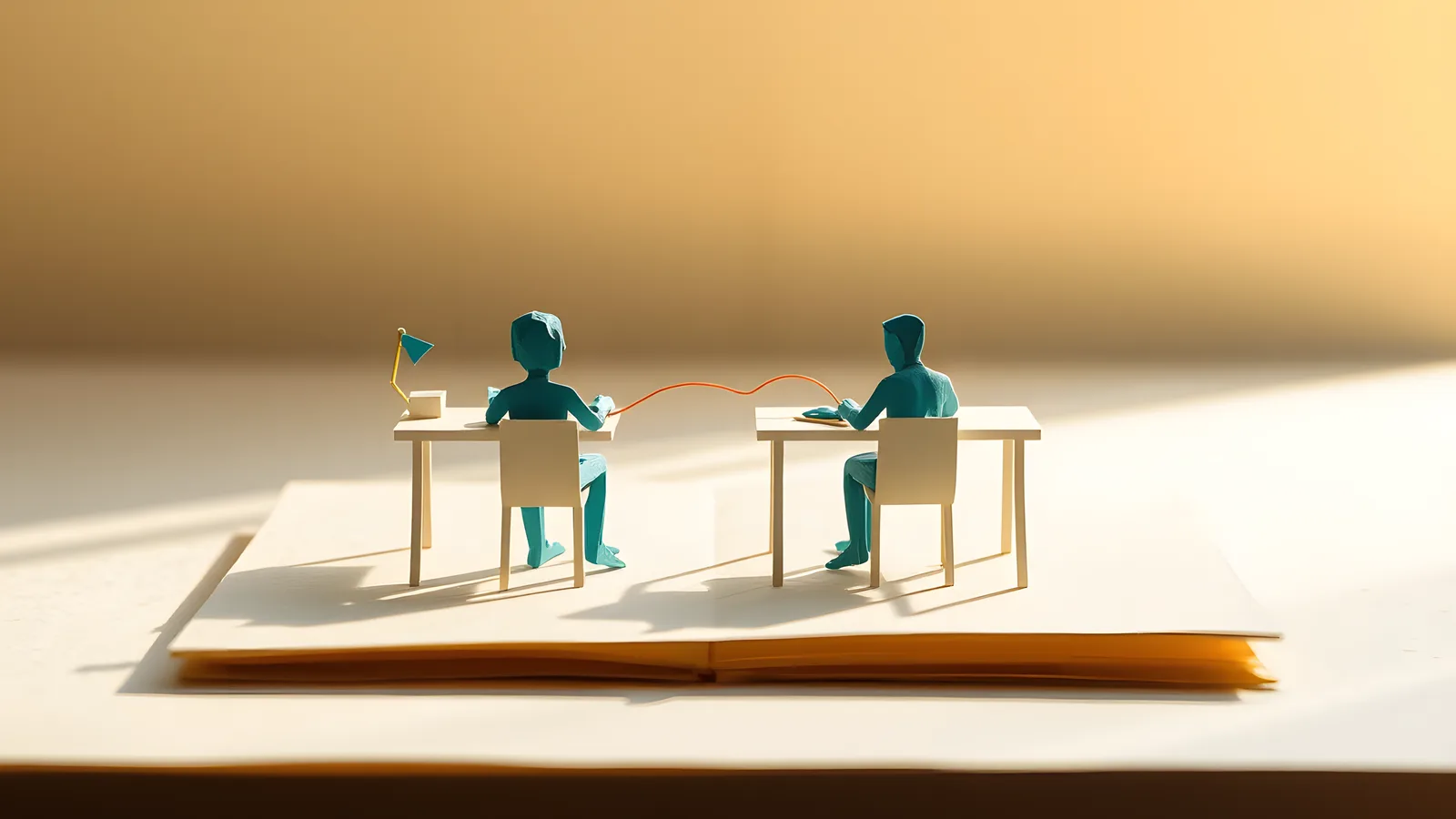 Two paper figures seated at separate desks side by side, each focused on their own work, connected by a gentle coral line